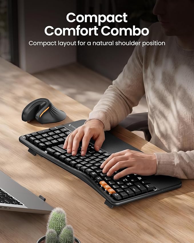 ProtoArc EKM02 Wave Keys Ergonomic Wireless Keyboard and Mouse, Bluetooth Keyboard with EM11 NL Ergonomic Vertical Mouse, Cushioned Palm Rest, Multi-Device, Rechargeable, for Windows, Mac - Black