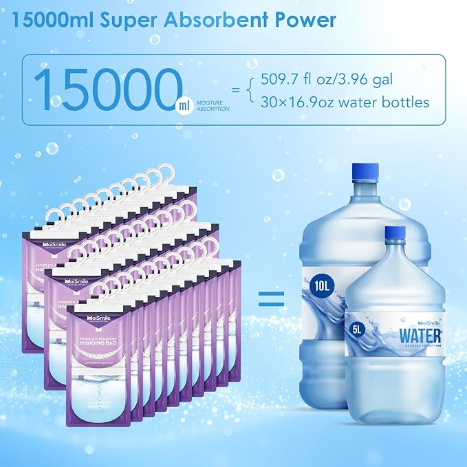 Moisture Absorbers 30 Pack Lavender Fragrance, Hanging Closet Dehumidifier Bags, Humidity Absorber, Compact Eliminates Odors Humidity Packs for Car, Bathroom, Bedroom, Basement, 9.8OZ