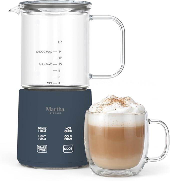 Martha Stewart Milk Frother and Steamer, 10oz/300ml Glass Cup, 4 Presets (Cold Foam, Light, Dense & Hot Chocolate), Ready in 90 Seconds, Cordless Pouring, One-Touch for Hot and Cold Milk, Indigo Blue