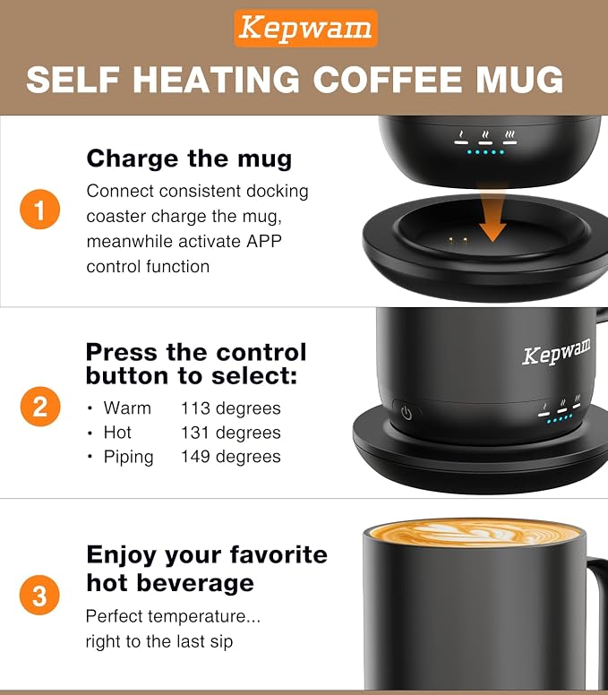 Kepwam Self-Heating Coffee Mug T1, 16oz Rechargeable Heated Coffee Mug, Smart Coffee Warmer Mug with App-Controlled,Advanced Temperature-Controlled Heating Coffee Gifts for Women Men Coffee Lover