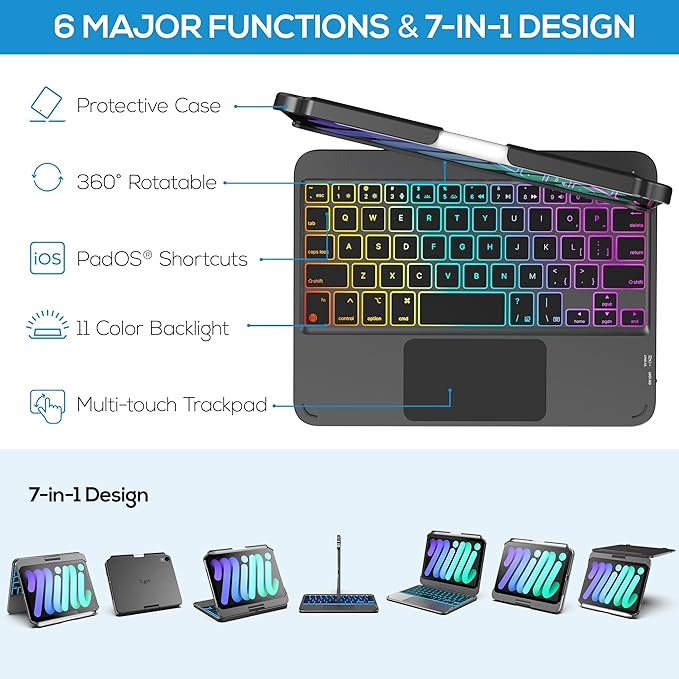 typecase Keyboard Case for iPad mini 7 (A17 Pro, 2024) & iPad mini 6th Gen (2021) 8.3-inch, Multi-Touch Trackpad, 360° Rotatable, 11-Color Backlit, Wireless Cover with Pencil Holder - Dark Gray