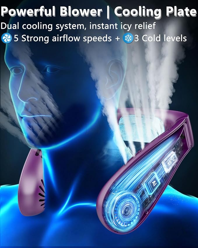 FWV Neck Air Conditioner with Cooling Plate, 1S Quick Cool 59℉, Rechargeable 5500mAh 3-24Hrs Lasting, LED Display Wearable Neck AC, Cordless Bladeless Personal Cooling Fan for Kid Adult Girl Purple