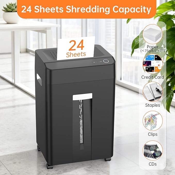 Locksworth 24-Sheet Cross Cut Paper Shredder, 9 Gallon Heavy Duty Commercial Shredder for Home Office, P-5 High Security Shredders for Paper/CD/Credit Card/Staple/Clip, 40-Min Continuous Running Time