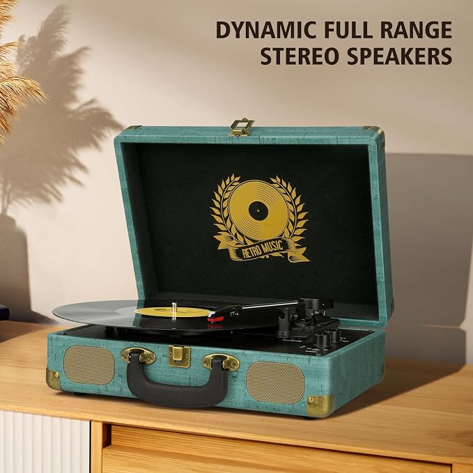 Vinyl Record Player 3-Speed Bluetooth Suitcase Portable Belt-Driven, Supports Bluetooth, RCA Output, 3.5mm aux-in and Headphone Jack and MP3, Mobile Phones Music Playback