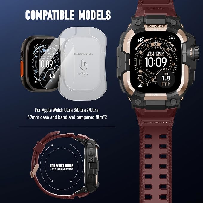 BXUXOHS Rugged Case and Band for Apple Watch Ultra 3/2/1 49mm Men, Military Grade Shockproof Bumper Cover, with 2 Pack Screen Protector, Tactical Band Case for iWatch Ultra 3 2 1 Man, Wine Red