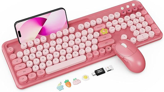 Wireless Keyboard and Mouse Combo, Cute Full-Size Typewriter-Style Keyboard, Retro Round Keycaps, Phone/Tablet Holder, 3-Level DPI Mouse, 2.4GHz Cordless for Mac Windows PC Laptop, Trueque CK13, Rose