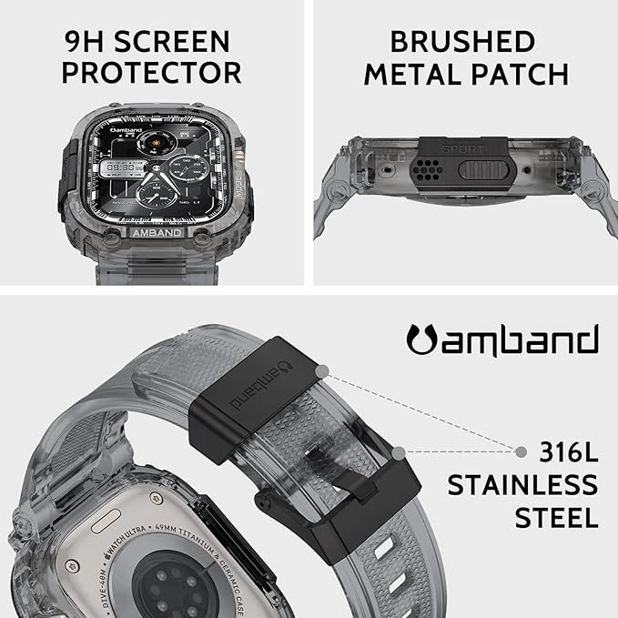 amBand Bands Case Screen Protector Compatible with Apple Watch Ultra 3/2/1 49mm, M1 Sport Series Rugged Cover Strap and 9H Tempered Glass Film, Protective Bumper for iWatch 49 mm Men Crystal Black