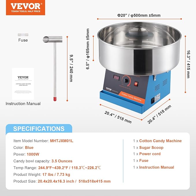 VEVOR Cotton Candy Machine Commercial, 1000W Electric Floss Maker with Stainless Steel Bowl, Sugar Scoop, Storage Drawer, Perfect for Home, Carnival, Kids Birthday, Family Party, Blue
