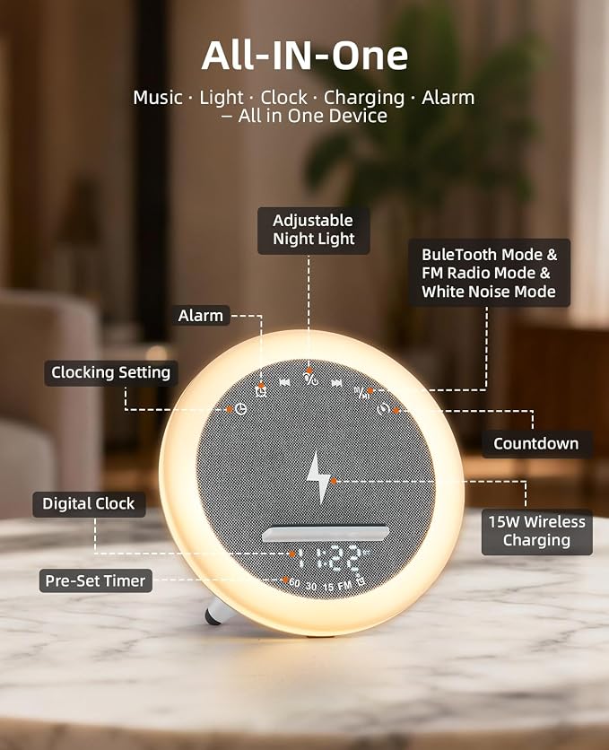 Alarm Clocks with 15W Wireless Charger, Bluetooth Desk Digital Speaker, Modern RGB Night Light Lamp with White Noise Sound for Teen Kids Girl Birthday