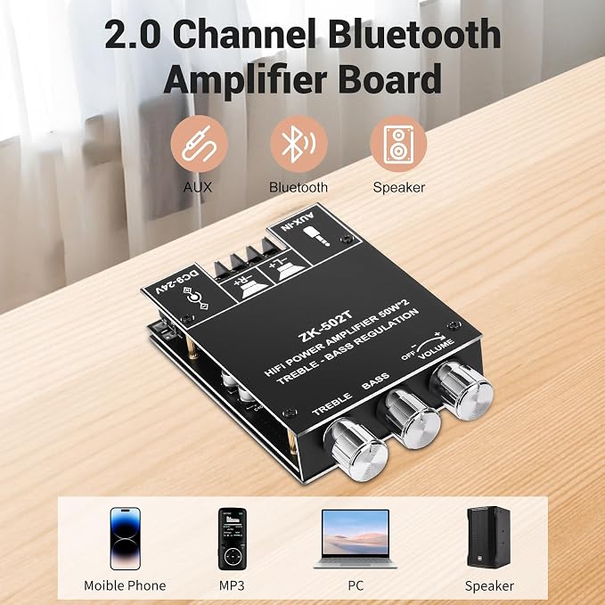 Daakro ZK-502T Bluetooth Amplifier Board,50W+50W 2.0 Channel Amp Board with Treble and Bass Control,DC 12-24V, Bluetooth and AUX Inputs, Audio Amp Board for Home DIY Wireless Speakers, Password Free