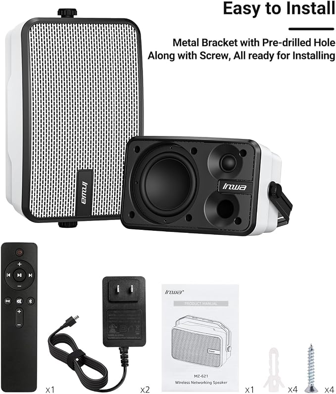 Inwa Outdoor Bluetooth Speakers, IPX5 Waterproof 400W Wall Mount Speaker, Powerful Indoor/Outdoor Sound System, Wireless Sync Up to 100 Speakers, Suitable for Patio/Porch/Gazebo/Garage(MZ-621, Pair)