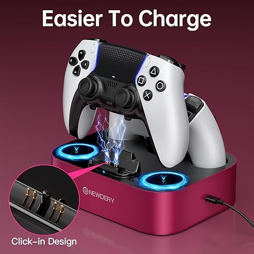 NEWDERY for PS5 Controller Charger Station, Dual Charging Dock for PlayStation 5 DualSense/Edge Controller, Fast Charging Stand with Type-C Cable, Gamer Gift for Women & Girls, Mother's Day