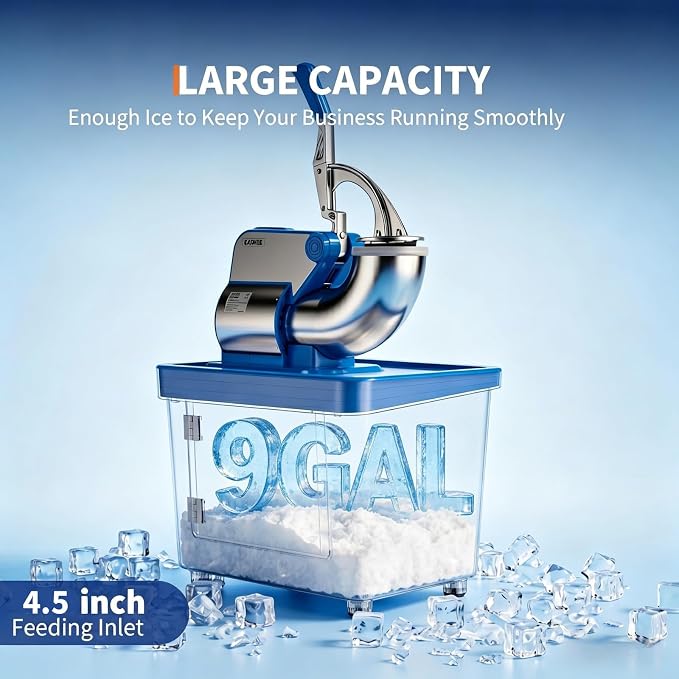 Commercial Ice Crusher 750LBS/H, 350W Electric Snow Cone Machine with 4 Stainless Steel Blades, 2000RPM, 8.98Gal Hopper Shaved Ice Maker with Safety On/Off Switch for Home, Restaurants, Bars, Blue