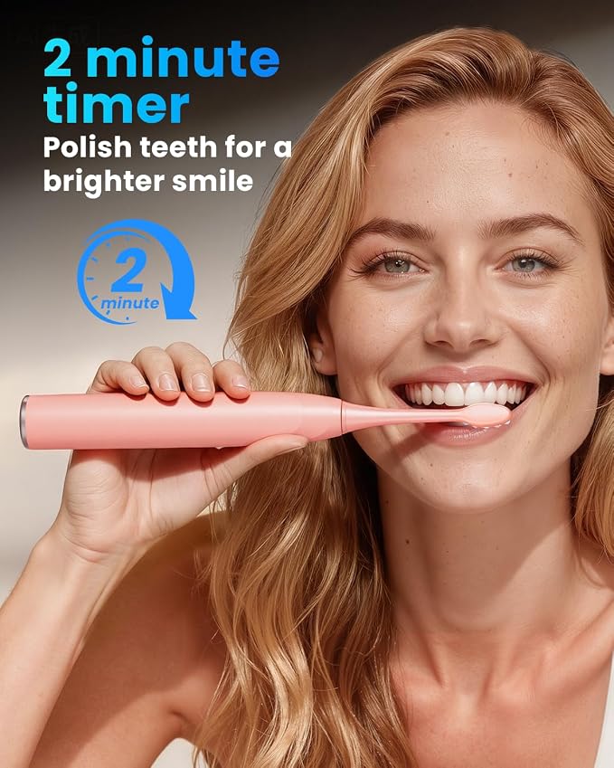 Onlyone Electric Toothbrush for Adults, Rechargeable Electric Toothbrush with 8 Brush Heads, Travel Case, Charging Base & Wireless Charging - 5 Modes with Smart Timer, Pink