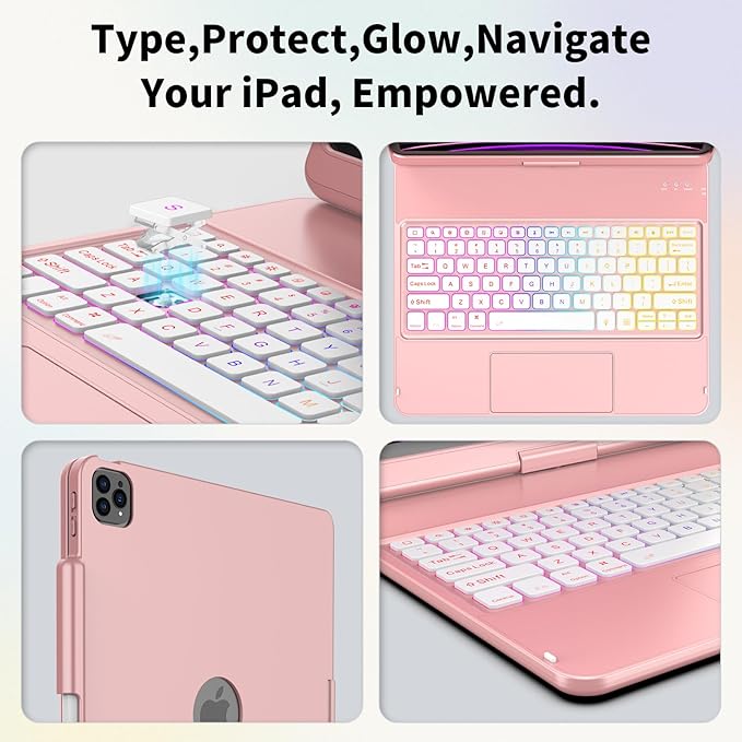 HOTLIFE Keyboard Case for iPad Air 13 inch (M4/M3/M2, 2026/2025/2024), Multi-Touch Trackpad Backlit Keyboard for iPad Pro 12.9 (6th, 5th, 4th, 3rd Gen)-360° Protective Case with Pencil Holder (Pink)