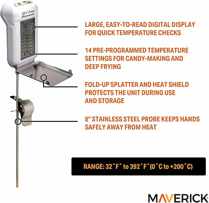 Maverick Digital Deep Fry & Candy Thermometer,14 Pre-Programmed Settings, 8 inch Stainless Steel Probe, Fold-Up Splatter Shield, Large Digital Display, Audible Temp Alert