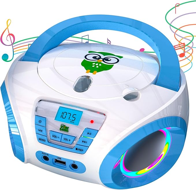 TinyGeeks Tunes Kids Boombox CD Player for Kids - NEW 2023 - FM Radio - Batteries Included - Cute white Radio cd Player with Speakers for Kids and Toddlers - Blue