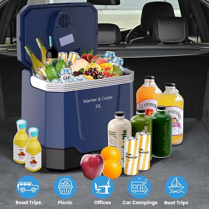 Garvee 35 Quart (33 l) Electric Cooler & Warmer, Portable Car Refrigerator with Automatic Locking Handle, 12V Car Cooler for Vehicle & Trucks, 110V AC Home Power Cord, Plug in Coolers. Blue