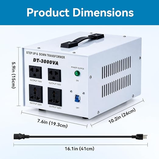 3000W Step Up/Down Voltage Transformer, 110V/120V & 220V/240V Power Converter, 4 Outlets Toroidal Regulator, Overload Overheat Protection for Home, Travel and Global Household Devices