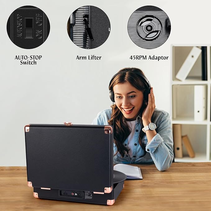 Record Player Wireless Portable Suitcase Vinyl Player with Built-in Speakers Retro Style Record Player for Vinyl Records 3-Speed RCA Line Out AUX in Vintage Turntable Upgrade Black