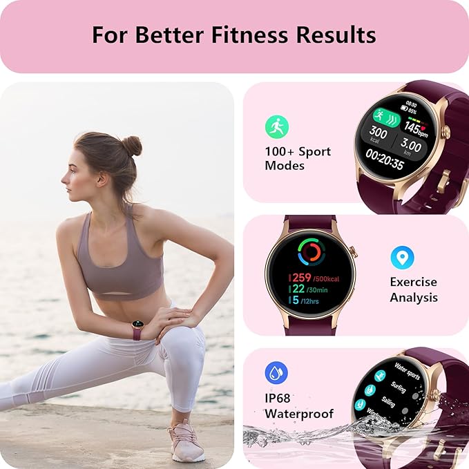 Smart Watch for Women, Answer/Makr Call, 1.32'' AMOLED Ultra-Clear Screen Fitness Trackers with Heart Rate/Sleep/SpO2 Monitor, Smartwatch for iPhone/Samsung/Android, 110+ Sport Modes, 3ATM Waterproof