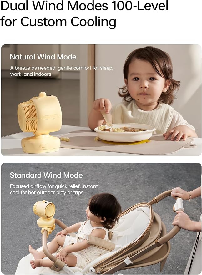JISULIFE Chic Stroller Fan 2026 –Baby Cool Helper: Smart 120° Auto Oscillation with 100 Speeds, 21H Super-Long Battery, Portable Baby Fan for Crib, Stroller & Bedroom, Gift for Moms-Yellow(Quadpod)