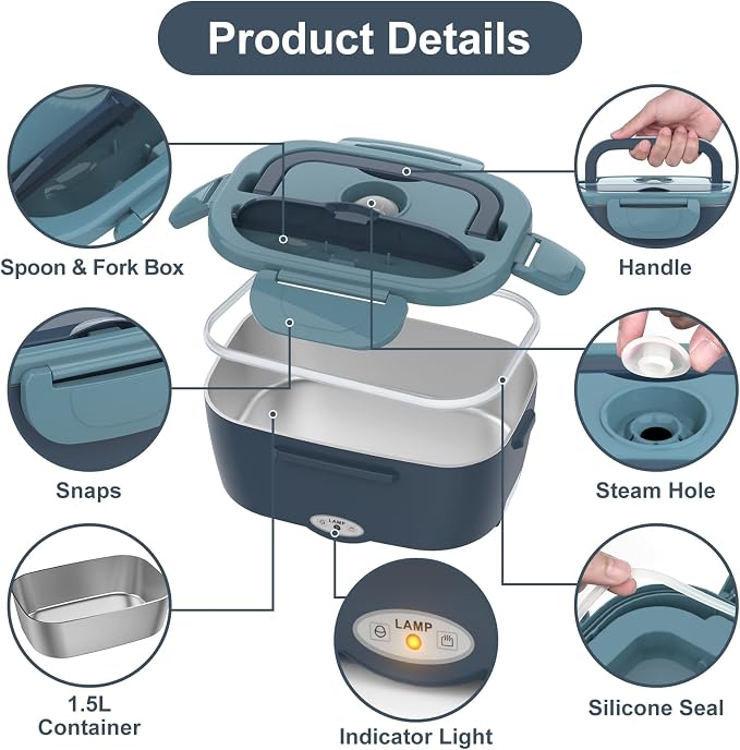 Vabaso Electric Lunch Box Food Heater, 80W Electric Heating Lunch Boxes Lunch for Adults/Men/Car/Truck/Work, 1.5L Removable 304 Stainless Steel Container, 110V/12V/24V, with Fork & Spoon