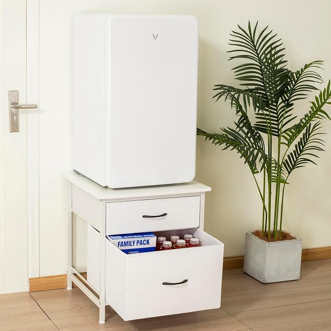 Mini Fridge Stand with 2 Drawer, Mini Fridge Organizer Stand Refrigerator Stand with Metal Frame for Dorm, Home, Kitchen, White