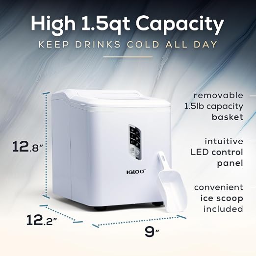 Igloo Portable Ice Maker with Scoop - Countertop Ice Maker with LED Control Panel & 1.5 Qt Water Tank - Ice Maker Produces 26 Lbs. of Ice in 24 Hours with 9 Large or Small Cubes in 7 Minutes- White