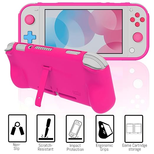 Orzly Accessories Bundle for Switch Lite - Case & Screen Protector for Nintendo Switch Lite Console, USB Cable, Games Holder, Comfort Grip Case, Headphones, Thumb-Grip Pack & More - Pink