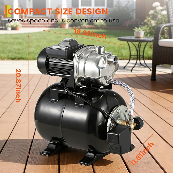 Garvee 1.6 HP Shallow Well Pump with Pressure Tank, 1320 GPH, Water Jet Irrigation Pump, Automatic Pressure Switch, Stainless Steel, for Home, Farm, Garden & Yard, Black