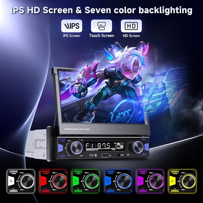 7 inch Single Din Touch Screen Car Stereo Flip Out Wireless CarPlay Android Auto, 1 Din Car Radio with Bluetooth with RDS AM FM Radio Car Audio Receiver Mirror Link,Type-C/USB/AUX+ Backup Cam