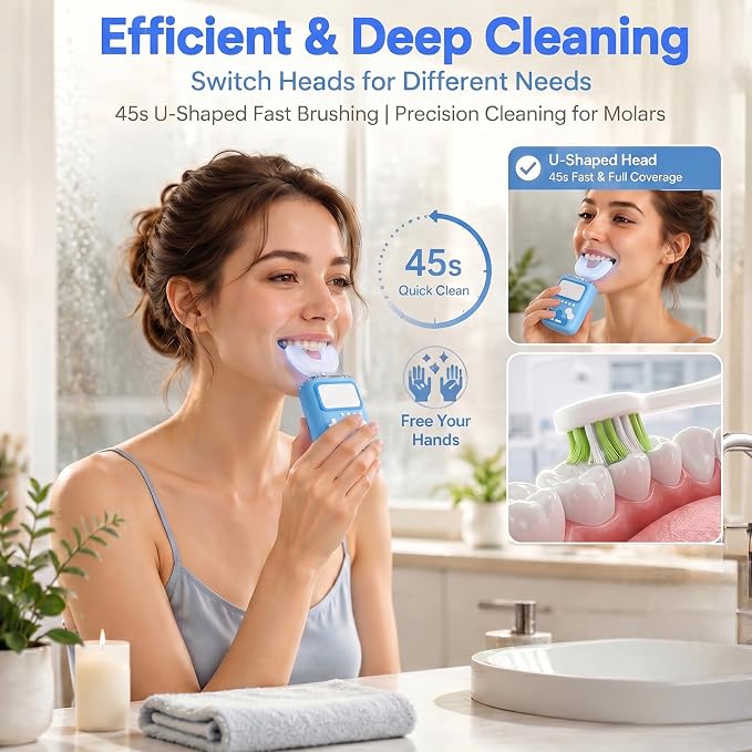 Adult Ultrasonic Electric Toothbrush, 360° Oral Cleaning for Stain & Whitening, IPX7 Waterproof Rechargeable, U-Shape Brush Head×3 + Straight Handle Brush Head×2 + Storage Cup