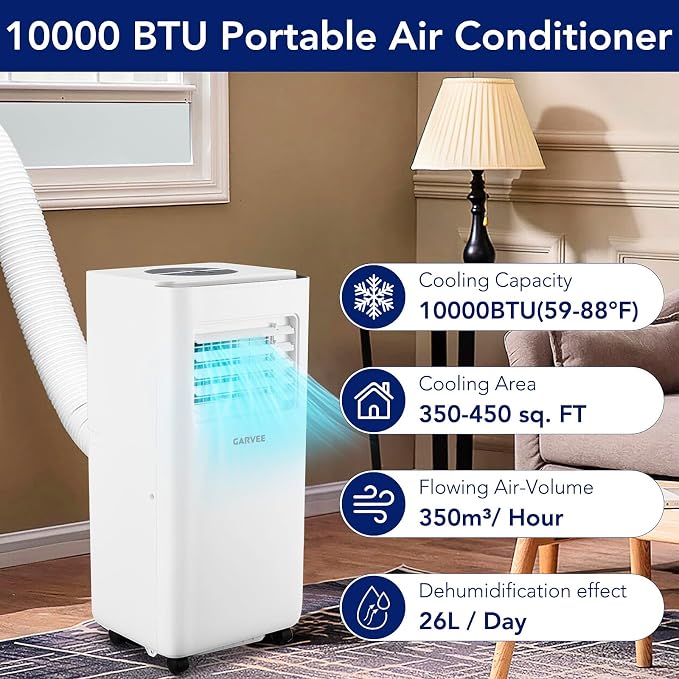 Garvee 10000 BTU Portable Air Conditioners with Remote Control, 3 in-1 Free Standing Cooling AC Unit with Dehumidifier Fan Function, Cools Room up 450 Sq. Ft, Auto Swing, Sleep Mode, 24H Timer