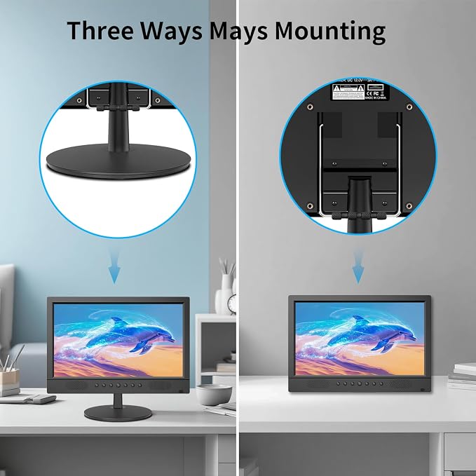 Jexiop 16inch Security Monitor,Wall-Mounted Monitors Supports USB/Full Format Video Playback,CCTV Monitors with AV/HDMI Input/VGA/BNC,Built-in Speaker,Remote Control