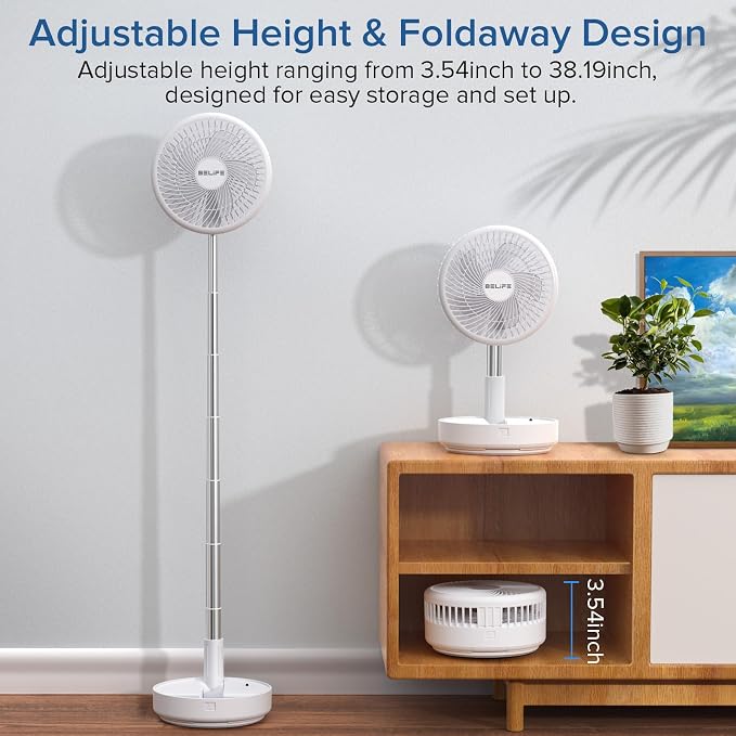 Belife X8 Portable Fan, Cordless 7200mAh Battery Operated Oscillating Fan, USB Rechargeable Desk Floor Fan with Remote, Foldable Telescopic Fan for Home Bedroom Sleeping Office Camping Travel (White)