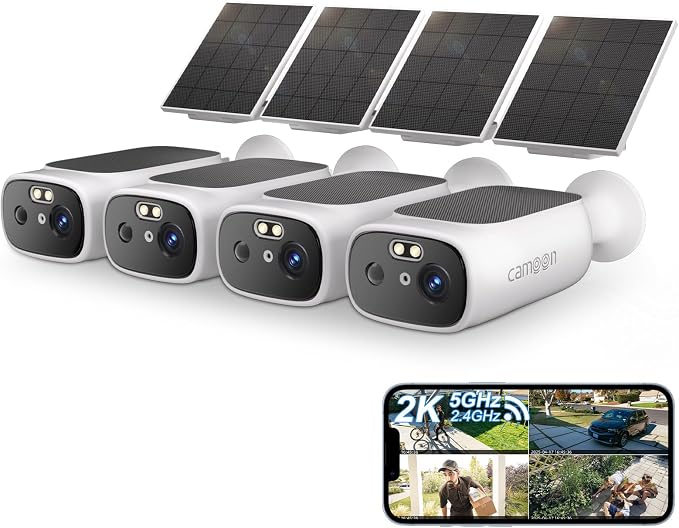 2K Solar Security Cameras Wireless Outdoor-2.4/5Ghz WiFi Cameras for Home Security, AI Motion Detection, Color Night Vision, SD Card/Cloud Storage, Waterproof, Work with Alexa/Google Home (4 Cameras)