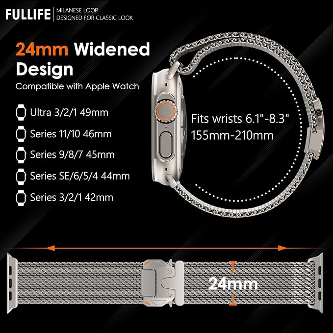 FULLIFE Milanese Mesh Loop for Apple Watch Band Apple Watch Ultra 3/2/1 Band 49mm 46mm 45mm 44mm Men Women, Stainless Steel Metal Band Parachute-style Buckle for iWatch Series 11 10 9 8 7 6 SE3 5 4 3