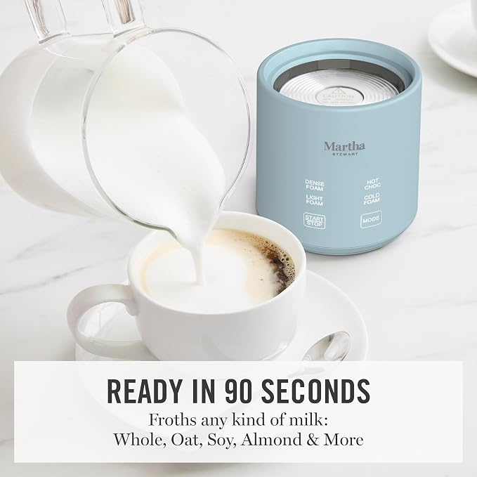 Martha Stewart Milk Frother and Steamer, 10oz/300ml Glass Cup, 4 Presets (Cold Foam, Light, Dense & Hot Chocolate), Ready in 90 Seconds, Cordless Pouring, One-Touch for Hot and Cold Milk, Sky Blue