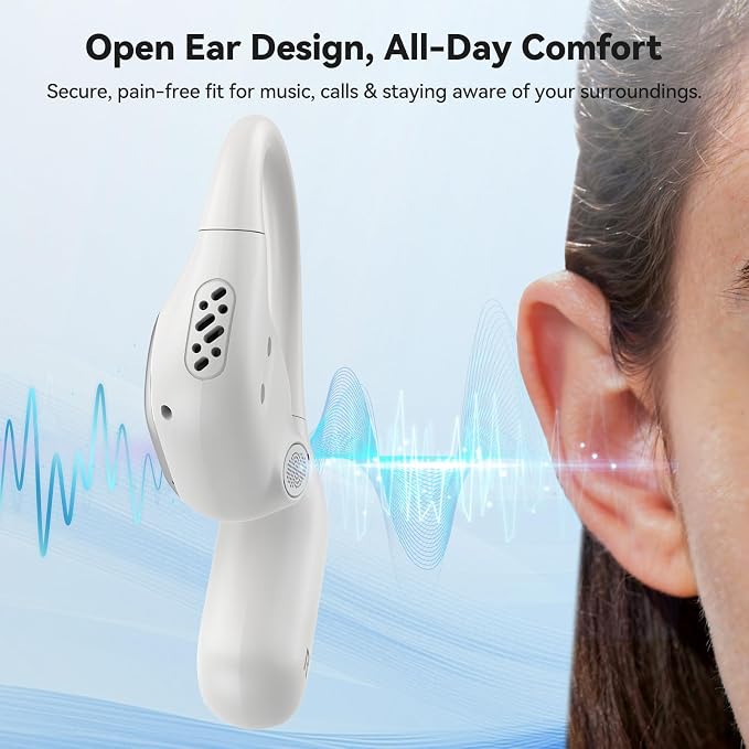 TECKNET Open Ear Earbuds, 6.0 Bluetooth Over Ear Earbuds with Smart Digital Display, 38H Playtime, IPX5 Waterproof Wireless Open Ear Headphones, Touch Control for Travel, Cycling, Running, White