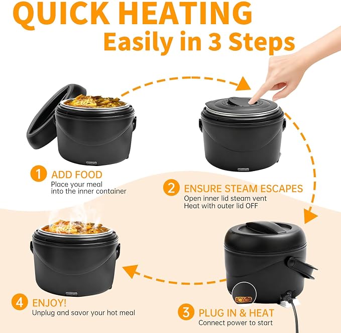 Aotto Electric Lunch Box, 40 oz Portable Food Warmer Heater, Lunch Warmer Portable for Work/Office/Car/Travel 12V/24V/110V 3-in-1, Warming Soup & Meal, Spill-Free, Men & Women's Gifts, Black