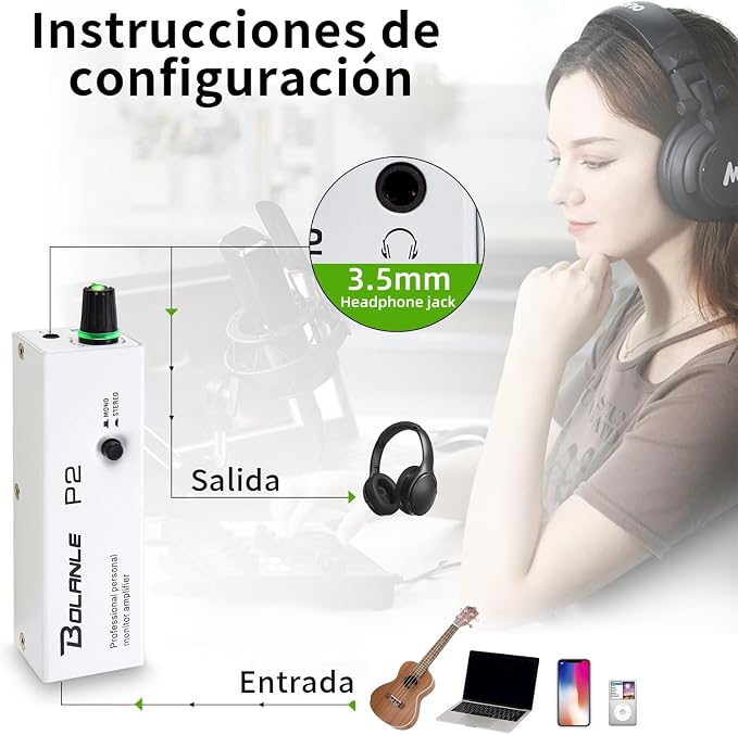 Bolanle P2 Portable in-Ear Monitor Amplifier, Professional Headphone Amp with XLR/TRS Input, Stereo/Mono Switch for Keyboardists, Drummers, Guitar, Bass Players