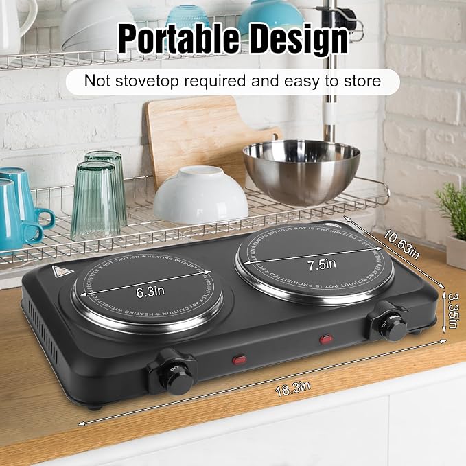 2000W Hot Plate,Portable Electric Stove Countertop Double Burner Infrared Burner with 7.5” & 6.3” Ceramic Glass Cooktop Stepless Temperature Adjustments for Home RV Camp