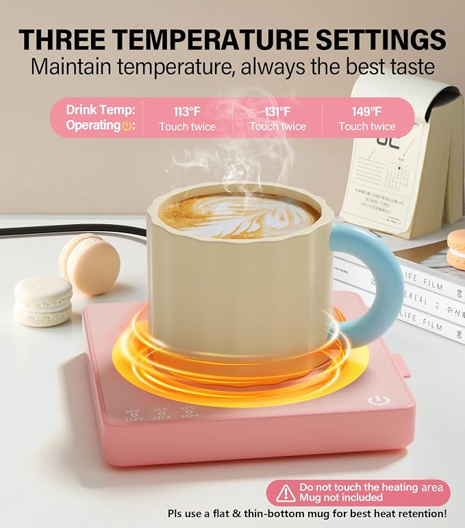 Coffee Mug Warmer for Desk with 15W Wireless Charging Pad, Electric Cup Warmer 3 Temp Settings, Smart Candle Heat Plate, Home Office & Coffee Lover Gifts for Women, Mom, Her - Pink