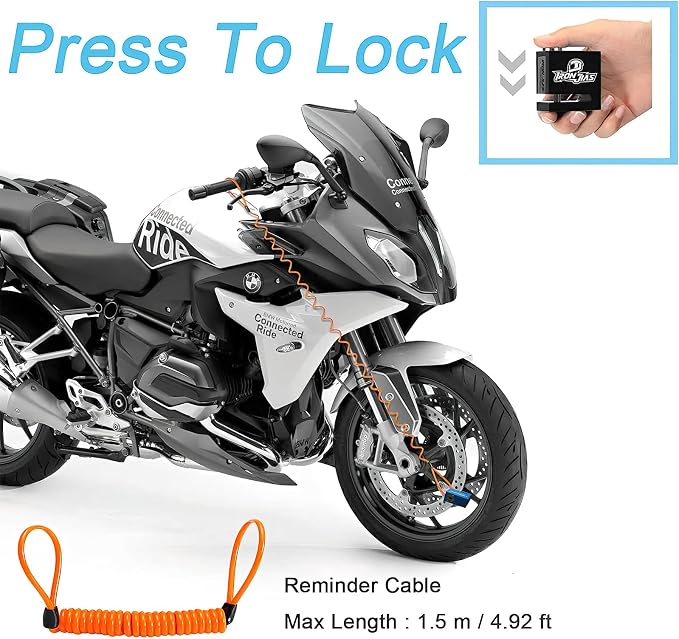IRON JIA'S Motorcycle Disc Lock Anti-Theft Wheel Brake Lock Waterproof Alloy with Reminder Cable and 2 Keys, Alarm-Free for Motorbike, E-Scooter, Mountain Bike Black