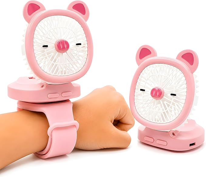 Personal Fan with Wrist Strap - Battery Operated, USB Rechargeable Fan Portable, LED Lights, 3 Adjustable Speed - Portable Fans for Kids Children Boys Girls Indoor Outdoor (Pink)