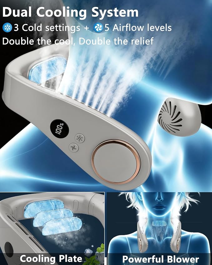 Neck Fan with Cooling Plate,5500mAh Rechargeable, 5 Speeds & 3 Temp Modes (77/68/59°F),1S Cooling Down,USB-C Quick Charge, 24H Max Runtime, Hanging Fans for Office, Outside Workers, Blue Collar Men