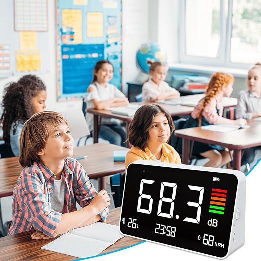 Digital Decibel Meter, Sound Level Meter Tester 30-130 dB Meter Desktop Temperature Humidity Noise Alarm Time for Home, Classroom, Studio, Factory