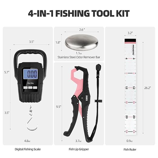 Fishing Tool Kit with Fish Gripper, Portable Fish Scale, Stainless Steel Soap & Measuring Ruler – Saltwater Resistant Tackle Accessories for Freshwater and Saltwater Anglers (4, Black & Pink)