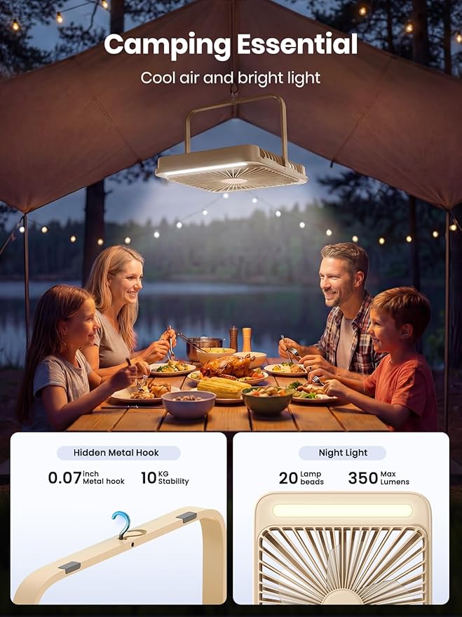 Warmco D4 Battery Powered Camping Fan 20000mAh, LED Lantern | Up To 48H Runtime, Ultra-Slim Quiet 8-Inch Fan, Digital Display & Hook For Tent, Bedroom, Outdoor & Travel